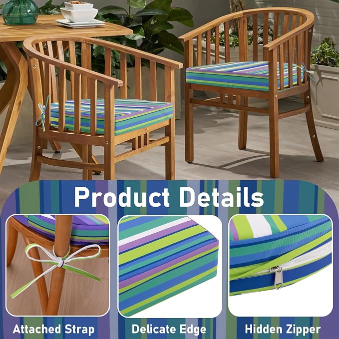 Topotdor Outdoor Chair Cushions Set of 2, Waterproof Patio Chair Cushions for Outdoor Furniture, Round Corner Seat Chair Pads with Ties for Patio Garden Dining Office, 19"x19"x3", Blue Stripe