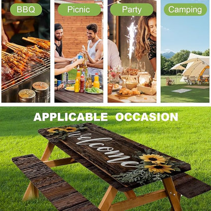 FOREVER QUEEN Picnic Table Cover with Bench Covers 72in,Waterproof Windproof Fitted Tablecloth,Spring Sunflower Welcome Print Camping Essentials with Drawstring Bag for Patio,Park & Backyard