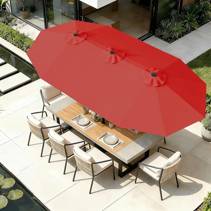 AreShark 15FT Outdoor Patio Umbrella with Crank, Large Rectangular Market Umbrella, Double-Sided Outdoor Umbrellas with Cross Base & Sandbag for Porch, Lawn, Pool, Backyard, Red