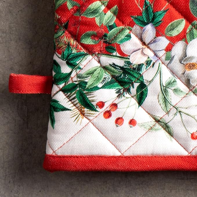 Maison d' Hermine 100% Cotton Oven Mitt & Pot Holder Set (7.5"x13" & 8"x8") Heat Resistant BBQ Cooking Gloves with Loop for Thanksgiving Christmas Decorations Handling Hot Pans (Noel)