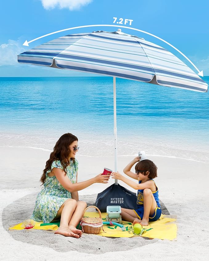 OutdoorMaster 7.2ft Beach Umbrellas for Sand with Sandbag & Anchor | 7.2ft Adjustable Umbrella for Beach, Wind Resistant, Portable UPF50+ Sunshade with Carry Bag for Patio