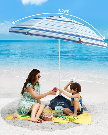 OutdoorMaster 7.2ft Beach Umbrellas for Sand with Sandbag & Anchor | 7.2ft Adjustable Umbrella for Beach, Wind Resistant, Portable UPF50+ Sunshade with Carry Bag for Patio