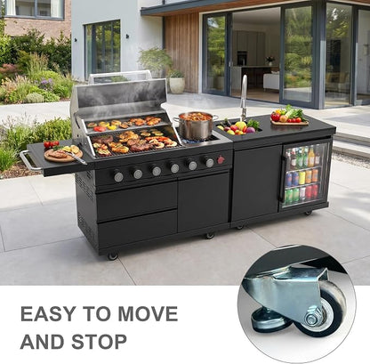 84 Inch Outdoor Kitchen Island, 6 Burner 75300 BTU Deluxe Stainless Steel Gas Grill Bar Island with Stainless steel Sink Wine Cooler Refrigerator, Granite Countertops, Rotisserie kit (Black)
