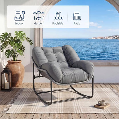 Patio Rocking Chair Set,Indoor Outdoor Rocking Chair,Papasan Chairs with Cushion,Wicker Egg Rockers, Lounge Chair for Patio, Living Room, Bedroom, or Porch,Gray