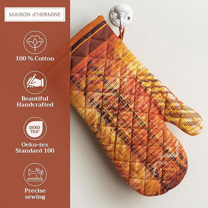 Maison d' Hermine Oven Gloves 100% Cotton Oven Mitt 7" x 13" with Loop Heat Resistant Cooking Gloves for Thanksgiving Christmas Decorations Baking Handling Hot Pans (Pack of 1, Thanksgiving Tartan)