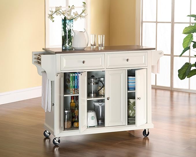 Crosley Furniture Full Size Stainless Steel Rolling Kitchen Island Storage Cart, Microwave Stand, Spice Rack, White