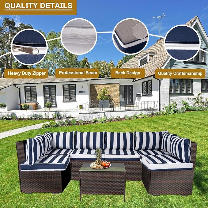14 Piece Outdoor Patio Cushion Cover Replacement, Waterproof Patio Cushion Covers, Outdoor Furniture Cushion Covers Set for 6 Seat Wicker Rattan Sofa (Blue+White Stripe)