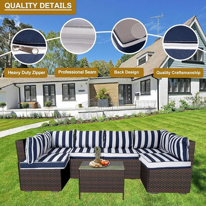 14 Piece Outdoor Patio Cushion Cover Replacement, Waterproof Patio Cushion Covers, Outdoor Furniture Cushion Covers Set for 6 Seat Wicker Rattan Sofa (Blue+White Stripe)