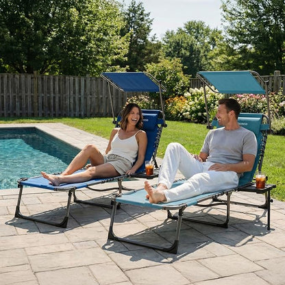 FUNDANGO 400lbs Tanning Chair with Face Hole & Canopy & Side Table, 5 Positions Beach Sunbathing Lounge Chair Facedown Chaise Lounge with Pillow for Pool Outdoor Camping Patio, Set of 2 Blue