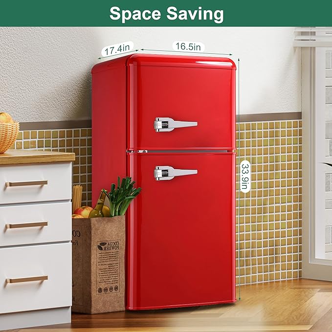 Retro Fridge with Freezer, 3.5 Cu. Ft. Mini Fridge Red | Small Refrigerator with 7-Level Adjustable Thermostat, Retro Compact Refrigerator 2-Door Fridges for Apartment/Dorm/Office/RV