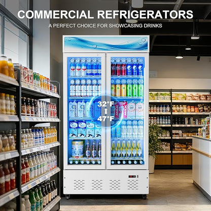 30 Cu.ft White Commercial Display Refrigerator,Glass Door Cooler Beverage Refrigerators with LED Light and 10 Shelves