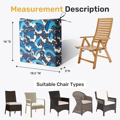 UNIKOME Outdoor Chair Cushions Pack of 4, Water Resistant Patio Cushions with Ties, High Density Sponge Filling Square Corner Seat Cushions for Outdoor Furniture, 18.5"*16"*3", Blue/Waves