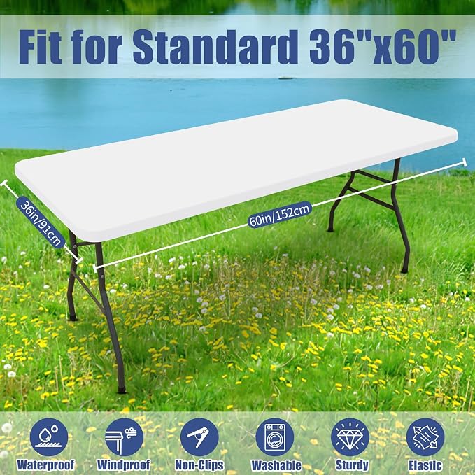 Moosfor 2 Pack Rectangle Spandex Fitted Table Cloth, 5FT Elastic Tablecloth | Washable Picnic Table Cover, Stretch Waterproof Table cloths for Party, Patio, Dining, Kitchen, 36" x 60", White