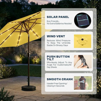 10FT Solar Patio Umbrella with Lights, Outdoor Table Market Umbrella with 32 LED Lights, 8 Sturdy Ribs, Push Button Tilt and Crank for Pool, Deck and Garden, UV-Resistant