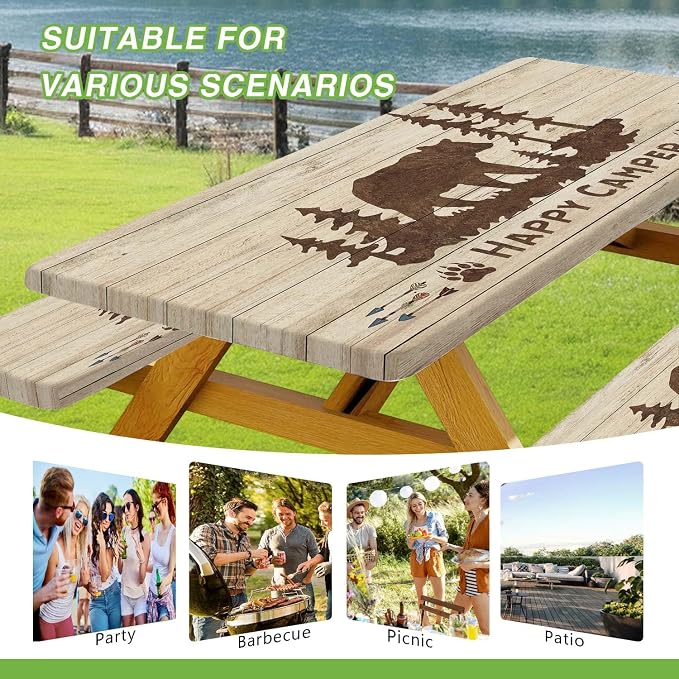 Picnic Table Cover with Bench Covers and Bag, Rustic Bear Camping Fitted Tablecloth Cover with Elastic Edge, Wooden Camper Waterproof Windproof for Indoor & Outdoor, Garden, 3 Pieces Set, 30x72 Inch