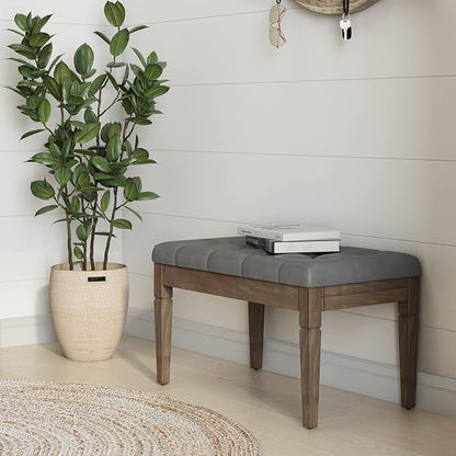 SIMPLIHOME Dahlia 18" x 46" Solid Wood Outdoor Indoor Bench in Taupe | Traditional tufted ottoman bench with carved legs; ideal bedroom or living room footstool or footrest.