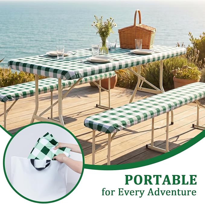 Poise3EHome Picnic Table Cover with Bench Covers, 6 Foot Fitted Elastic Tablecloth Set, Heavy Duty Polyester with TPU Waterproof Backing, Washable Outdoor Picnic Set for Camping,RV & Park(Green&White)