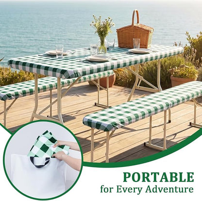 Poise3EHome Picnic Table Cover with Bench Covers, 6 Foot Fitted Elastic Tablecloth Set, Heavy Duty Polyester with TPU Waterproof Backing, Washable Outdoor Picnic Set for Camping,RV & Park(Green&White)