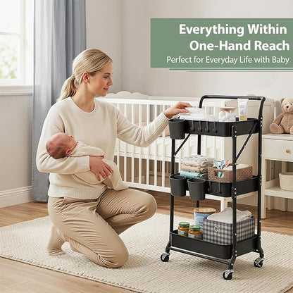 3 Tier Foldable Rolling Cart with Wheels, Folding Utility Cart Organizer, Collapsible Rolling Storage Cart with 3 Hanging Cups & 6 Hooks for Kitchen, Office, Nursery(Black)