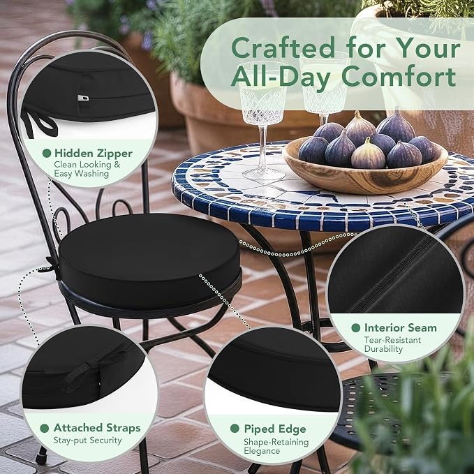 Summsun Outdoor Bistro Chair Cushions Set of 2, 15" D x 3" H Round Chair Cushions Waterproof and Fade Resistant Chair Cushion Pads with Non-Slip Ties and Removable Covers for Garden, Black