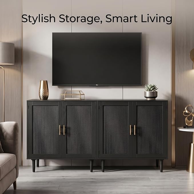 Finnhomy Sideboard Buffet Kitchen Storage Cabinet with Black Painted Rattan Decorated Doors, Dining Room, Hallway, Cupboard Console Table, Liquor/Accent Cabinet, 31.5X 15.8X 34.6 Inches, Black