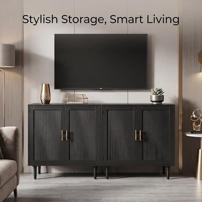 Finnhomy Sideboard Buffet Kitchen Storage Cabinet with Black Painted Rattan Decorated Doors, Dining Room, Hallway, Cupboard Console Table, Liquor/Accent Cabinet, 31.5X 15.8X 34.6 Inches, Black