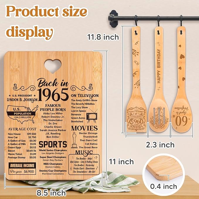 60th Birthday Gifts for Him Her- "Back in 1965" 60th Birthday Gifts for Women Cutting Board, Bamboo-Made Engraved "Year 1965 News" 60th Birthday Gifts