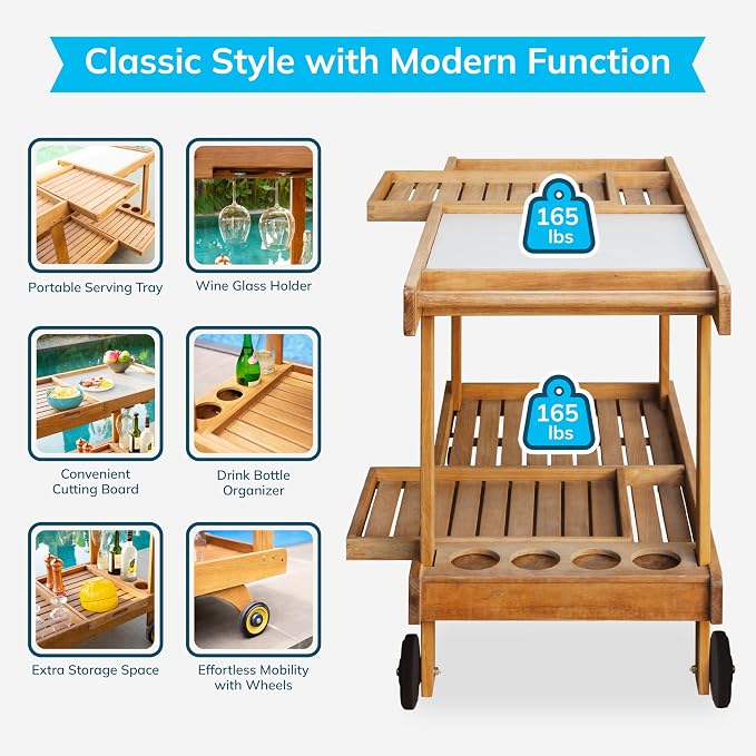 Cambridge Casual Mozaic Teak Outdoor Kitchen Cart, Solid Teak Wood Serving and Prep Station with Natural Finish, Weather-Resistant Utility Cart for Patio, Garden, BBQ, or Outdoor Entertaining Space