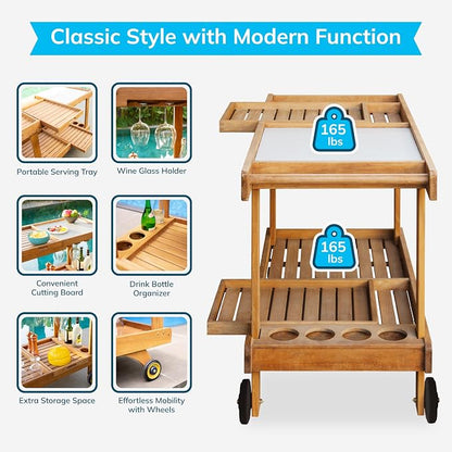 Cambridge Casual Mozaic Teak Outdoor Kitchen Cart, Solid Teak Wood Serving and Prep Station with Natural Finish, Weather-Resistant Utility Cart for Patio, Garden, BBQ, or Outdoor Entertaining Space
