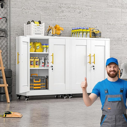 35.4" Metal Garage Storage Cabinet with Wheels and Locking Doors and Tall Rolling Steel Tool Cabinet with 2 Adjustable Shelves for Garage,Home,Office,Shop (White, 35.4''H x 27.6''W x13.8''D)