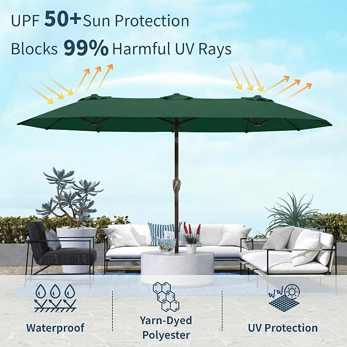 15FT Double Sided Patio Umbrella with Base Included Large Outdoor Market Umbrella with Crank Handle, UV Resistant Canopy, Sturdy Frame for Garden, Poolside, Deck, Forest Green