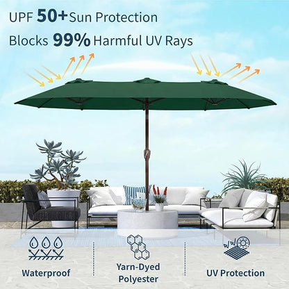 15FT Double Sided Patio Umbrella with Base Included Large Outdoor Market Umbrella with Crank Handle, UV Resistant Canopy, Sturdy Frame for Garden, Poolside, Deck, Forest Green