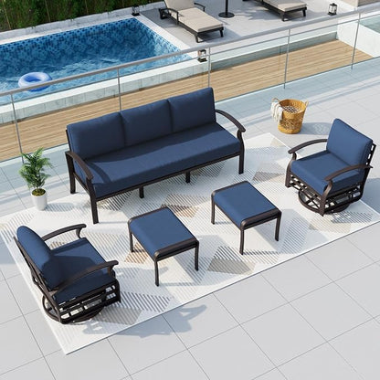 ALAULM Aluminum Patio Furniture Set with Swivel Chairs 7-seat Metal Outdoor Furniture Patio Sectional Sofas w/2 Ottomans for Porch, Backyard, Poolside-Dark Blue