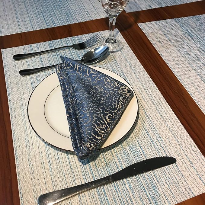 Placemat,Blending Color Durable Woven Vinyl Placemat Washable Heat-Resistant Anti-Skid Kitchen Dining Table Mats (Set of 8, Blue with White)