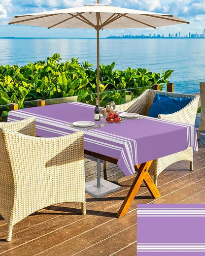 Farmhouse Outdoor Tablecloth with Umbrella Hole, Purple White Stripe Rectangle Tables Zippered Table Cloth Waterproof Tabletop Table Cover Collection for Patio, Garden, Picnic, Camping, Dining