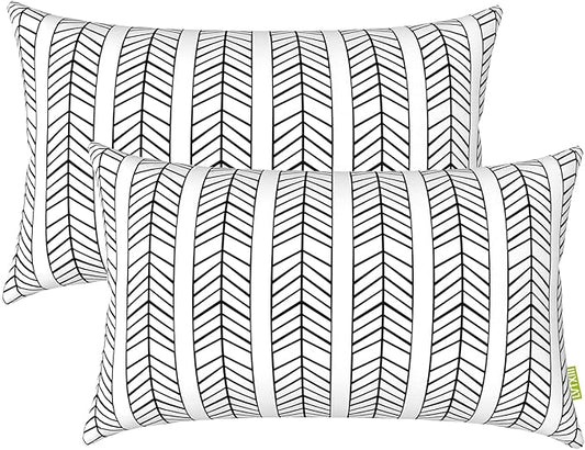 LVTXIII Outdoor Pillow Covers 12” x 20” Patio Lumbar Pillwo Cases Decorative Throw Pillowcase Shell for Couch Garden Furniture Use, Herringbone Black White, 2 Pack