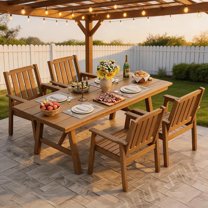 GarveeLife 5-Piece Outdoor Dining Set for Patio 4 People, HDPE All Weather Furniture Table Set with Large Table Umbrella Hole, Modern Outdoor Dining Chairs Armrest for Backyard Garden Deck (Natural)
