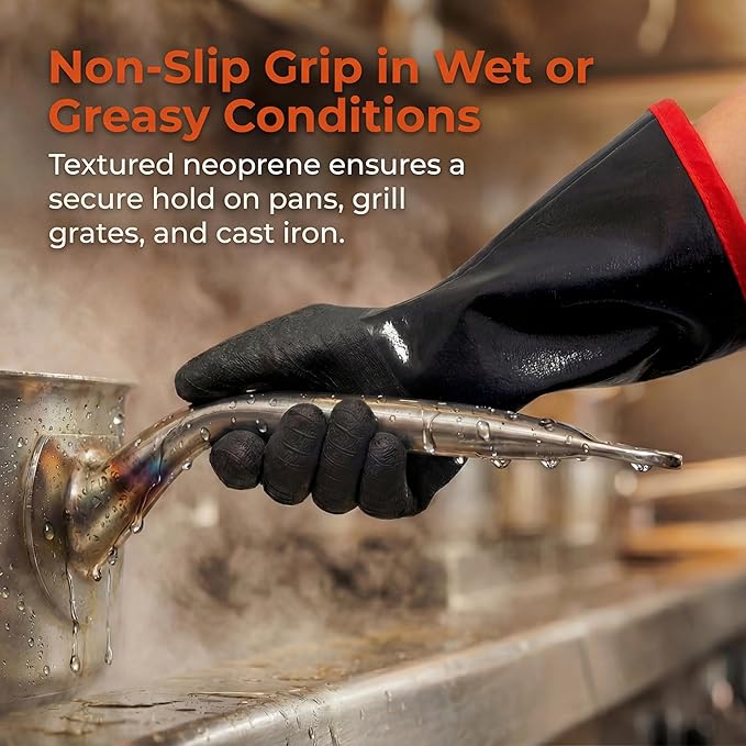 BBQ Gloves: Neoprene Heat Resistant Waterproof Grilling Gloves, 932F Temperature Protection with Cotton Lining for Smoker, Cooking, Outdoor Barbecue and More