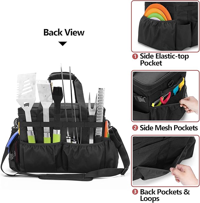 HODRANT Large Grill Caddy with Lid, BBQ and Picnic Bag Organizer with Paper Towel Holder, Tailgating Accessories Basket for Barbecue Utensil & Camping Gear Must Haves, Black, Bag Only