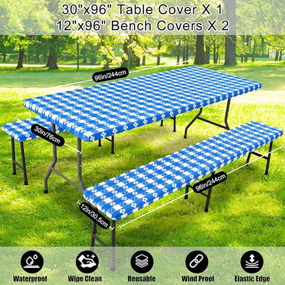 Smiry Picnic Table Cover with Bench Covers, Waterproof Elastic Fitted Tablecloth for 8 Foot Tables, Washable Polyester Tablecloths for Camping, Indoor & Outdoor (Blue & White, 30x96 Inch 3-pc Set)