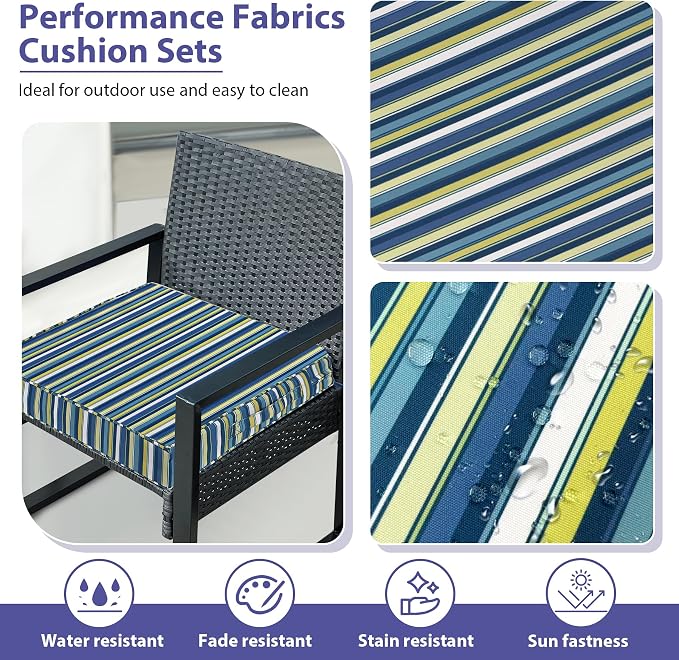 IPYNBAP Outdoor Chair Cushions Set of 4 -Waterproof Outdoor Seat Cushions for Patio Furniture, Patio Chair Cushion with Handle and Ties, Out Door Chair Pads,18.5x16x3-Square, Blue Stripe