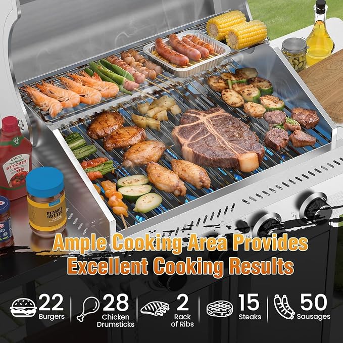 COWSAR 4-Burner Propane Gas Grill, 32K BTU, Stainless Steel BBQ, Outdoor | 4-Burner Propane Grill, 32K BTU, Stainless Steel & Foldable Tables, Outdoor BBQ Patio, Thermometer & Lockable Casters