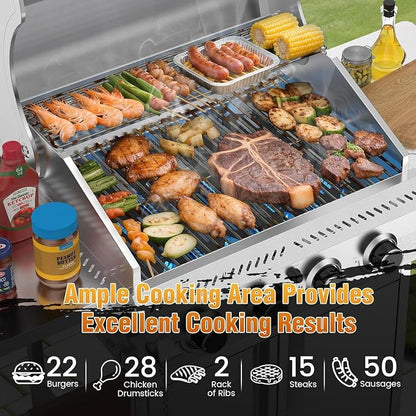 COWSAR 4-Burner Propane Gas Grill, 32K BTU, Stainless Steel BBQ, Outdoor | 4-Burner Propane Grill, 32K BTU, Stainless Steel & Foldable Tables, Outdoor BBQ Patio, Thermometer & Lockable Casters