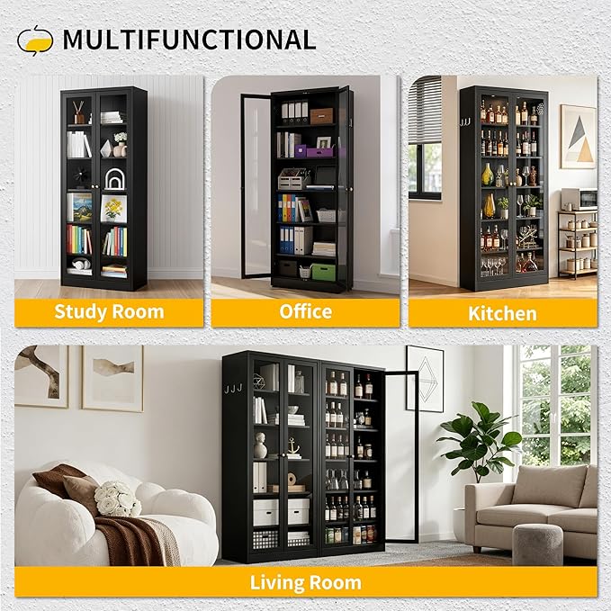 Kitchen Pantry Cabinet, 72" Tall Pantry Storage Cabinet with Adjustable Shelves and Glass Doors, Metal Storage Cabinets with Handle for Living Room, Kitchen, Assemble Required (Black)