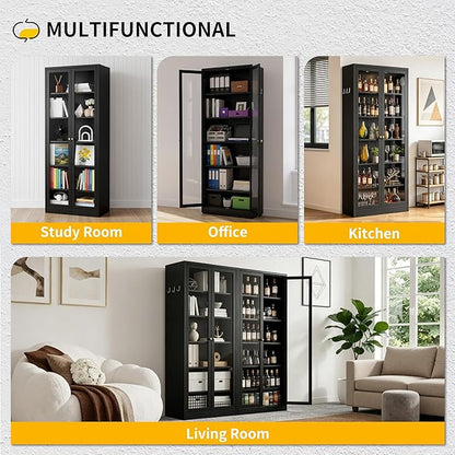 Kitchen Pantry Cabinet, 72" Tall Pantry Storage Cabinet with Adjustable Shelves and Glass Doors, Metal Storage Cabinets with Handle for Living Room, Kitchen, Assemble Required (Black)