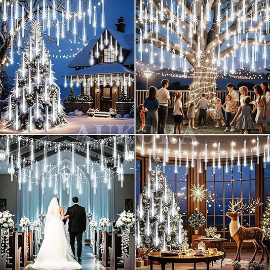 Aukora Christmas Lights Outdoor Meteor Shower Falling Rain Lights 12 inch 8 Tubes 192LED Snowfall Cascading Icicle String Light for Xmas Tree Decor Wedding Party Holiday Window Garden, UL Plug, White