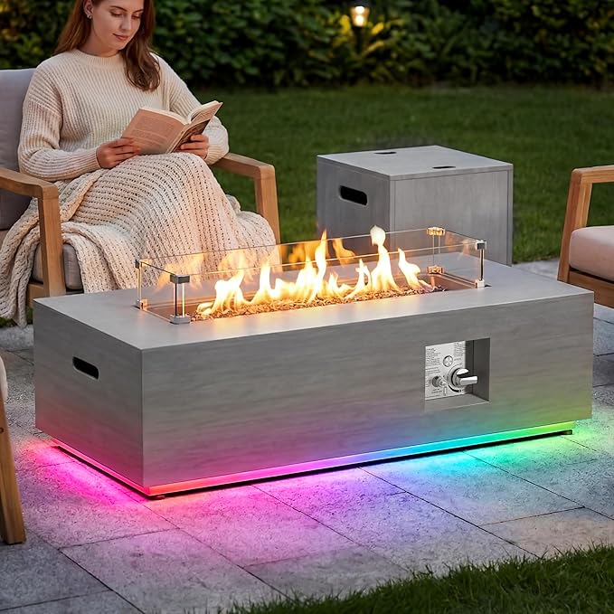 SUNPEAK 42" Propane Fire Pit Table with RGB LED Light 50,000 BTU Patio Propane Fire Pit Table Includes Wind Guard, Lid, Rocks & Cover - Deck Firepit - Chimenea de Gas (Light Gray/RGB Light, 42" LED)