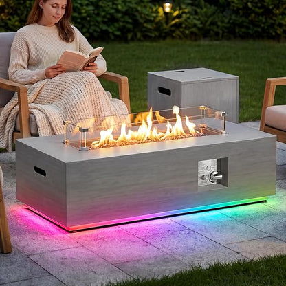 SUNPEAK 42" Propane Fire Pit Table with RGB LED Light 50,000 BTU Patio Propane Fire Pit Table Includes Wind Guard, Lid, Rocks & Cover - Deck Firepit - Chimenea de Gas (Light Gray/RGB Light, 42" LED)