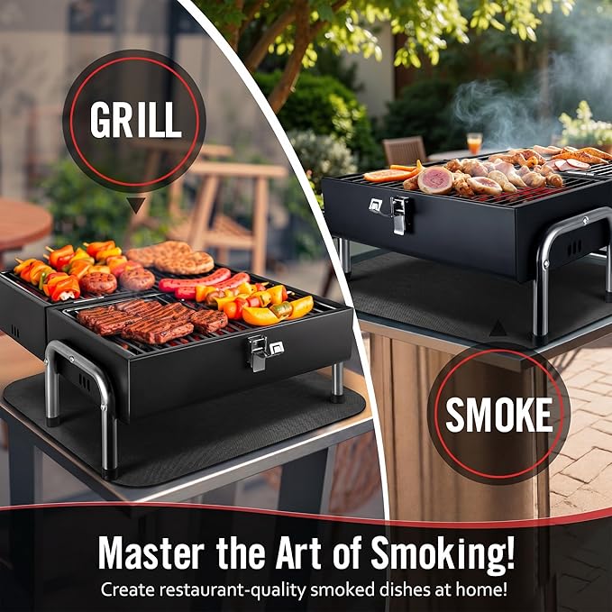 Portable Charcoal Grill with Heat Resistant Mat, 2 IN 1 Double-Sided Tabletop Small BBQ Grill for Backyard Party Outdoor Camping Beach BBQ, Easy Assembly, Heavy Duty, Black (270 Sq.In)