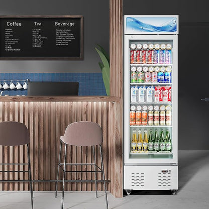 22.8'' W Commercial Beverage Refrigerator, 11 Cu.Ft Glass Door Drink Cooler with Soft Light and 5 Shelves, Display Refrigerator for Restaurant Store Cafe Bar, White